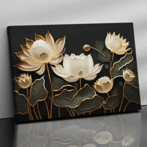 Cream and gold lotus flower canvas wall art on black background above a beige sofa in a modern living room.